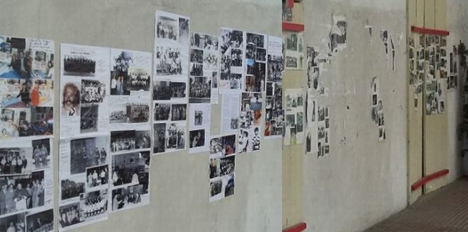 nella foto a destra le foto in mostra fino a qualche giorno fa, in quella a sinistra, lo stesso muro senza più immagini