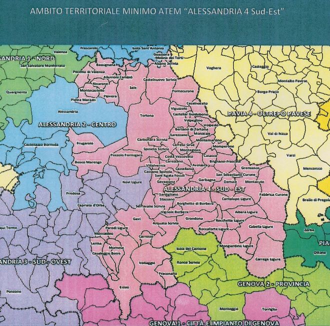 la Piantina con i vari ambiti e gli oltre 70 comuni che hanno scelto Tortona