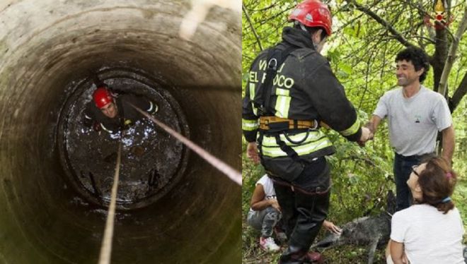 A destra il vigile del fuoco giunto in fondo al pozzo recupera il cane, a sinistra il padroni si congratulano per l'intervento