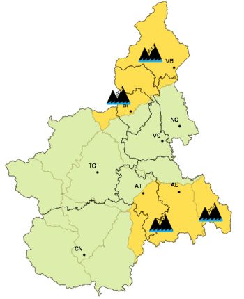 La cartina pubblicata dall'Arpa Piemonte per lunedì