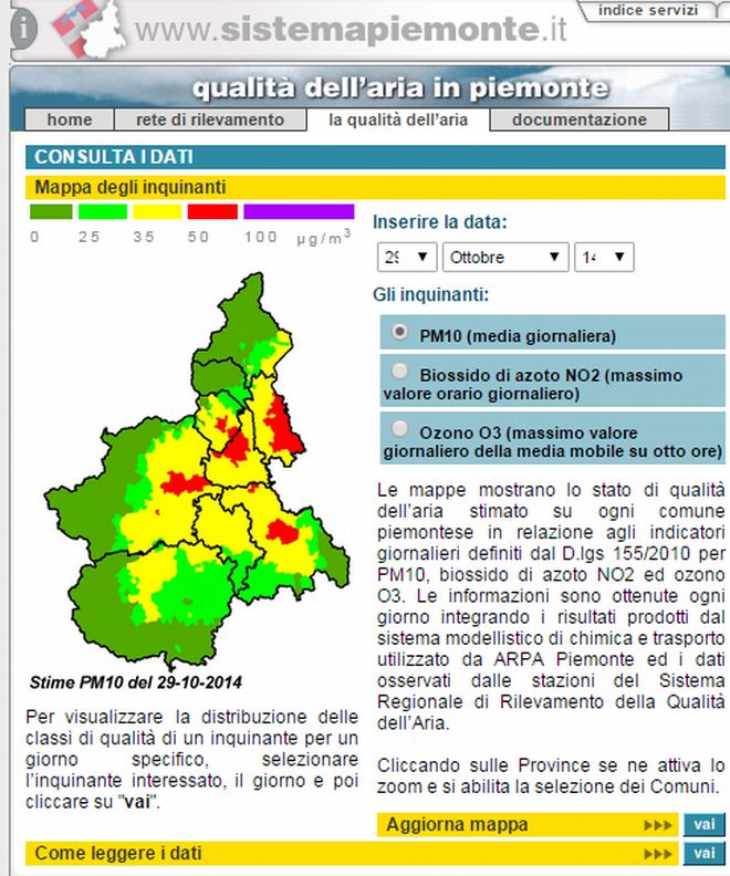 Il sito della regione, solo poche zone in rosso