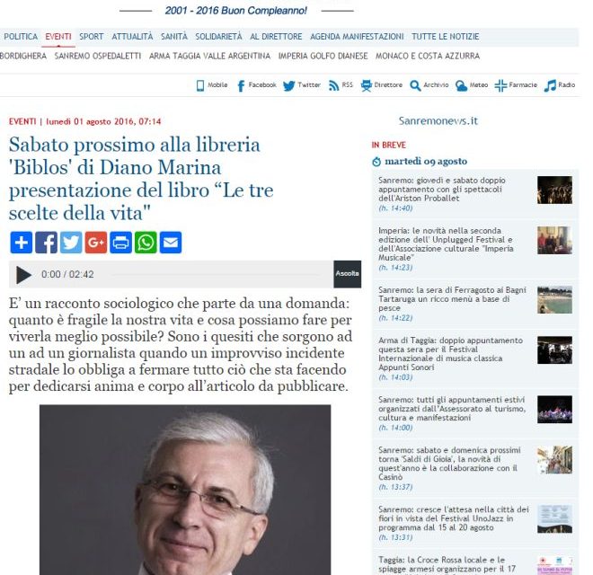 Il libro “Le tre scelte della vita” scritto dal nostro direttore su Sanremo news