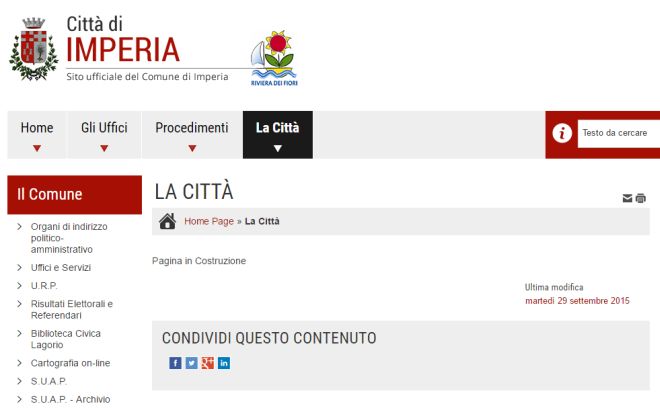 La città di Imperia? Per il Comune non c’è. La sezione è “in costruzione” da un anno. E il comune invita pure a condividerla!