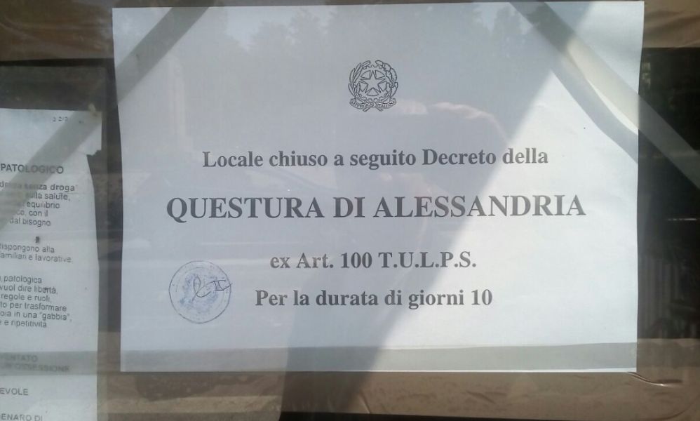 La  Questura di Alessandria chiude il bar “La Fenice” in corso Crimena