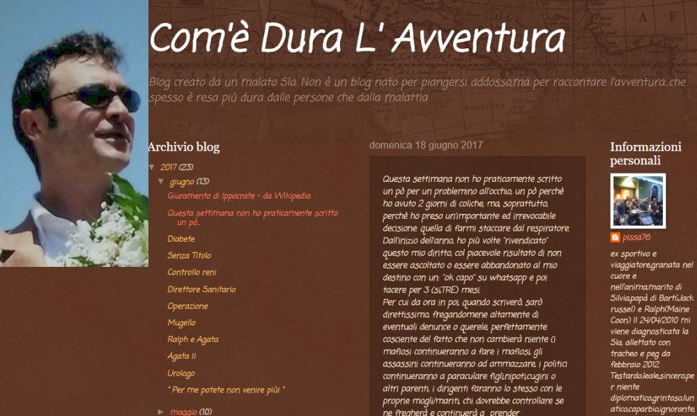 Dianese malato di Sla, paralizzato a letto, da un mese posta la sua storia sul blog “Com’è dura l’avventura”