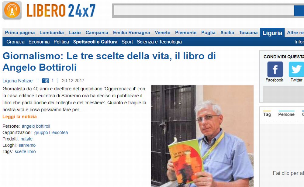 Il nostro Direttore su “Libero” e “Liguria notizie” presenta il suo libro “Le Tre scelte della vita”