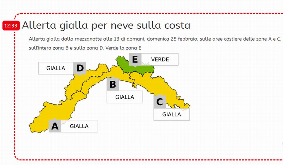 Domenica allerta gialla: possibile spruzzate di neve sulle coste