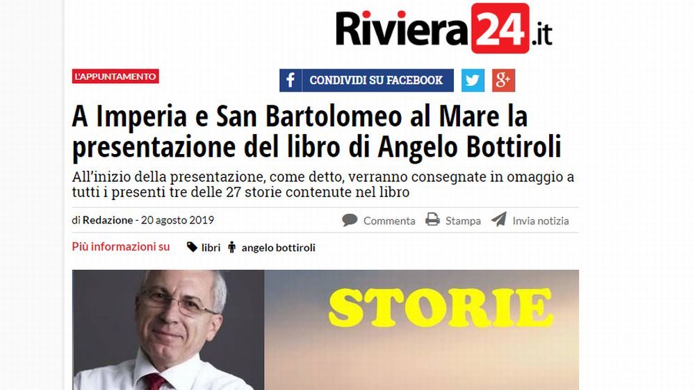 Il prestigioso quotidiano “Riviera 24” dedica un ampio servizio al nostro Direttore per il suo libro “Storie”