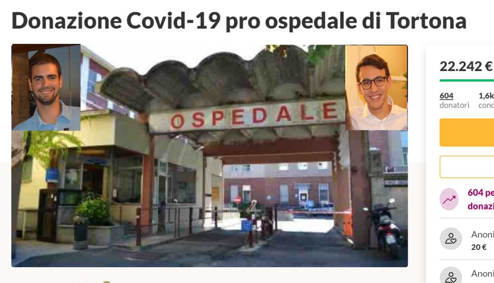 Due giovani tortonesi raccolgono fondi per l’ospedale di Tortona e in un giorno oltre 600 persone hanno aderito