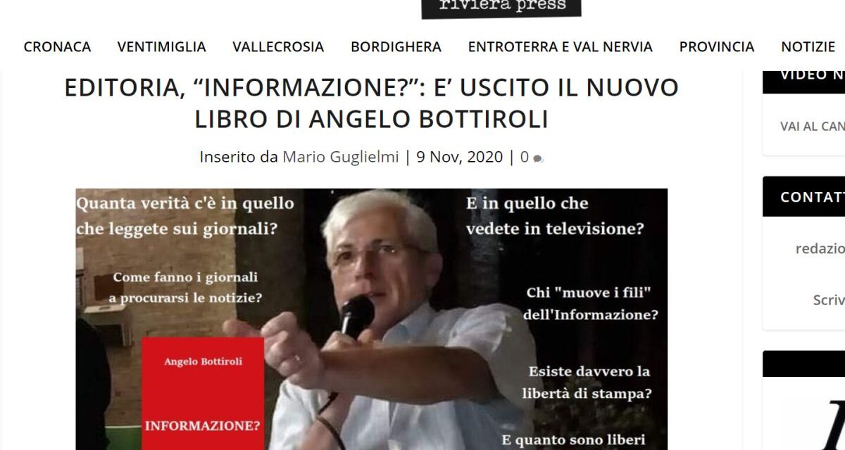 La notizia del nuovo libro del nostro direttore su “Riviera press” giornale che si dimostra obiettivo e senza timori