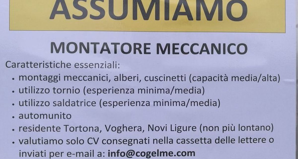 Azienda Tortonese cerca un montatore meccanico, presentate le vostre candidature