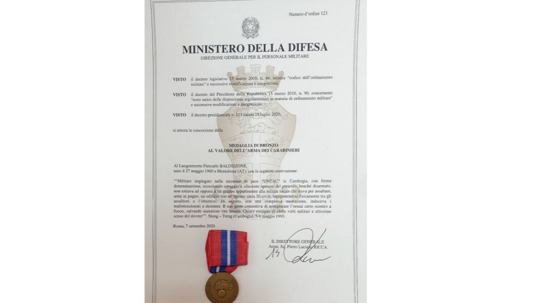 Medaglia al valore al Piercarlo Baldizzone, primo carabiniere imperiese ad averla
