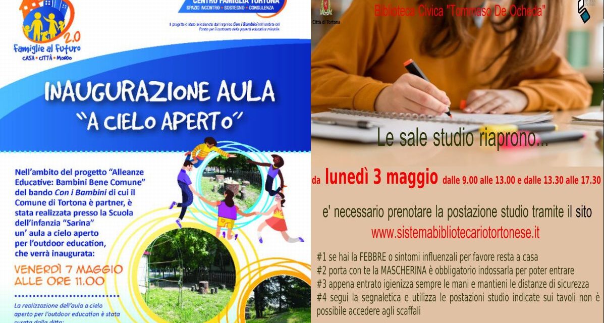 A Tortona da lunedì riaprono le sale della Biblioteca e da venerdì bimbi in lezione all’aperto