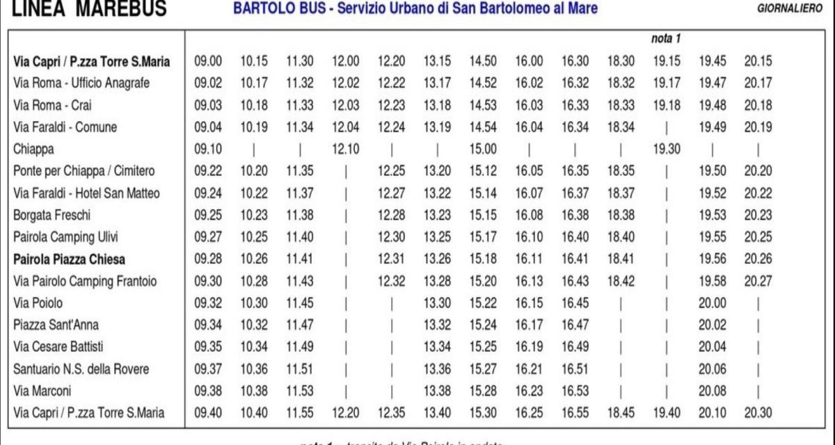 A Luglio torna il servizio autobus gratuito messo a disposizione dal Comune di San Bartolomeo al Mare