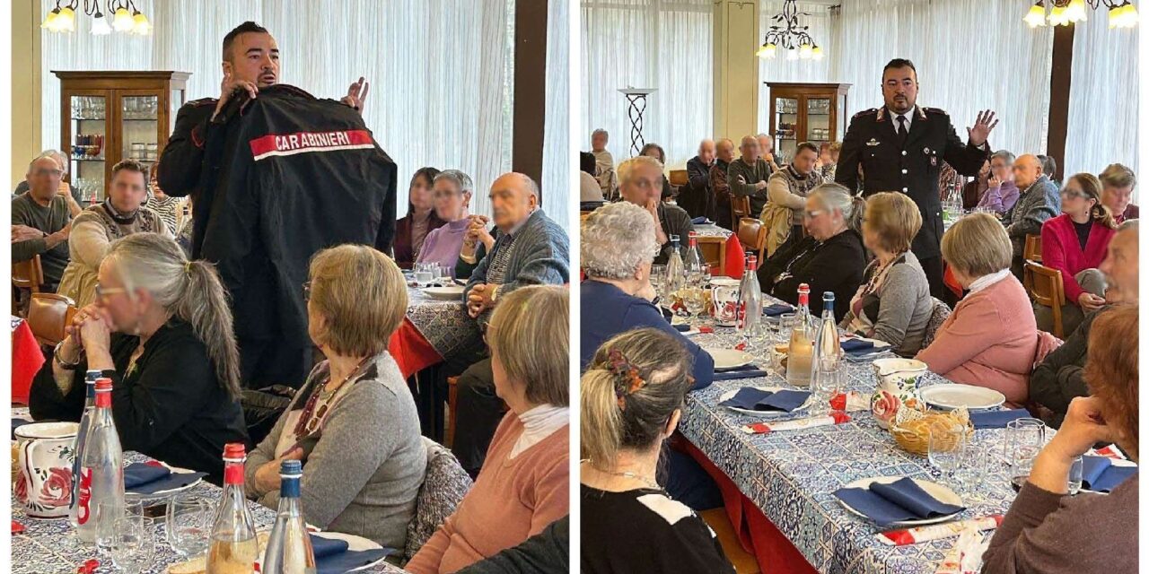 Carabinieri al “Pranzo Sociale” del C.I.S.A. tortonese a Montegioco: truffe agli anziani, come prevenirle.