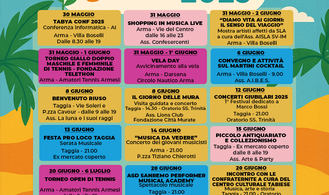 Il Comune di Taggia si prepara all’estate con un giugno ricco di eventi