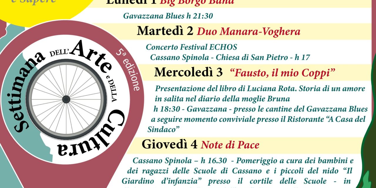 Musica, sport, e street food a Cassano Spinola: al via la “Settimana dell’Arte e della Cultura”Il programma