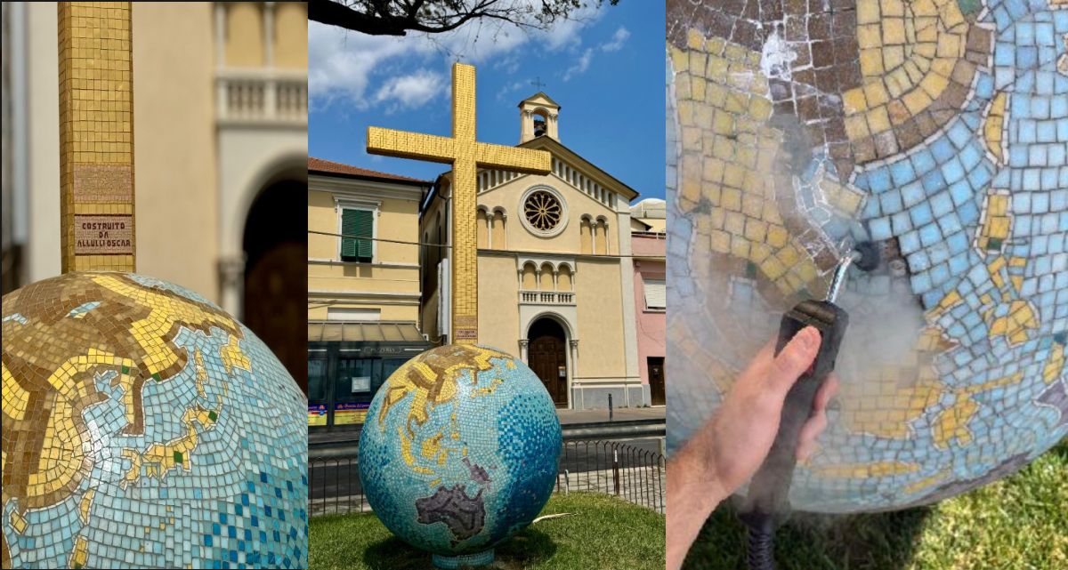 Diano Marina, il “Globo” ritrova i suoi colori: salvato dal degrado lo storico mosaico di Lungomare Carcheri