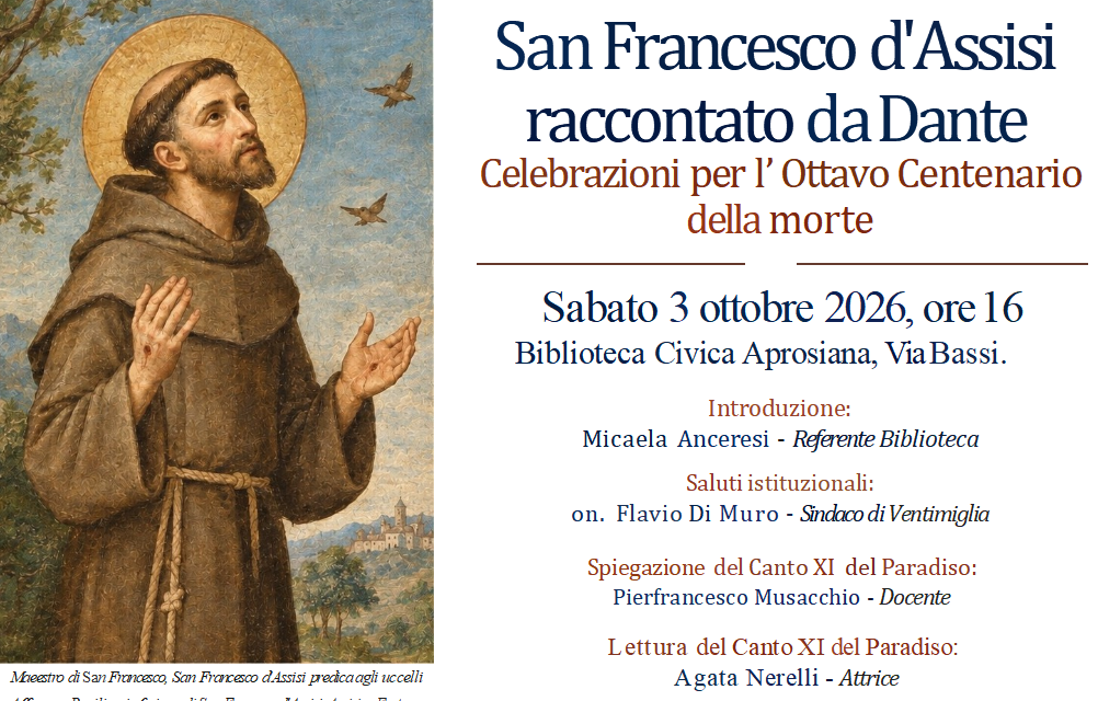 San Francesco raccontato da Dante: a Ventimiglia l’evento speciale alla Biblioteca Aprosiana con Agata Nerelli e Pierfrancesco Musacchio