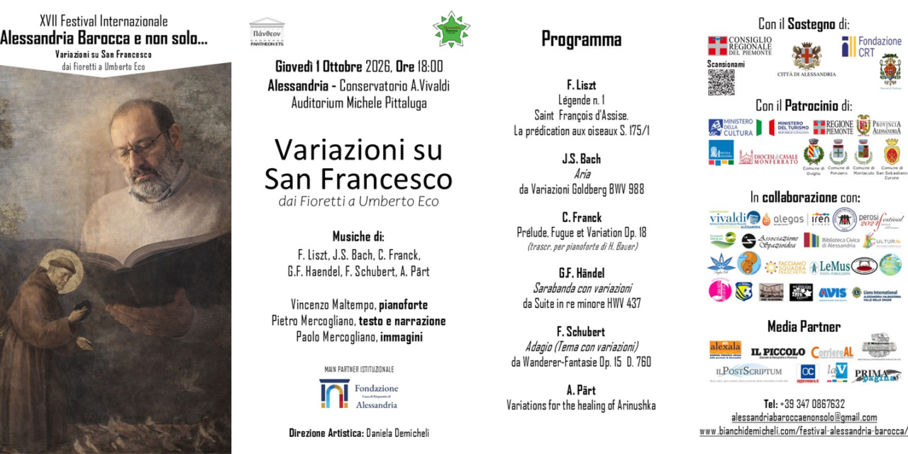 Alessandria celebra Umberto Eco e San Francesco: al Conservatorio Vivaldi lo spettacolo tra musica classica, narrazione e arti visive