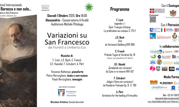 Alessandria celebra Umberto Eco e San Francesco: al Conservatorio Vivaldi lo spettacolo tra musica classica, narrazione e arti visive